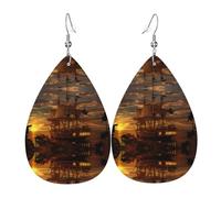 Boat at dusk Print Leather Earring for Women - Lightweight Dangle Earrings, Fashion Statement Costume Jewelry