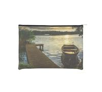 Boat at Lake Shore Makeup Pouch Toiletries Bag Portable Unisex Zipper Travel Cosmetic Bags Waterproof Cosmetic Bags Paper Reusable Cosmetic Bag 16.5 Cm X 22.5 Cm