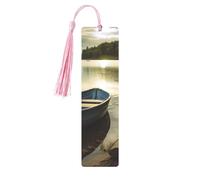 Boat at Lake Shore Printed Metal Bookmarks M - Pink Lightweight Aluminium Book Marker for Books, Journals & Gifts, Ideal Book Lovers, Holiday Decor & Crafts
