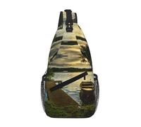 Boat At Lake Shore Unisex Chest Sling Bag With Multi-Pocket Design,Large Capacity Crossbody Bag Durable Polyester Adjustable Strap For Daily Commute Travel