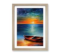 Boat At Sunset No.3 Framed Print | A2 Oak Framed Wall Art | Ready to Hang | Modern Vehicle Picture | Living Room Bedroom Lounge Office