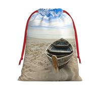 Boat Beach Sunrise Time Nautical Print Ultra Soft Plush Drawstring Gift Bag, Xmas Party Candy Treat Favors, Christmas Holiday Sacks, Wedding Jewelry Pouches