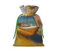 Boat Beach Sunrise Time Nautical Printed Christmas Drawstring Gift Bags-Xmas Wrapping Bags,Candy Bag,For Holiday Party Decorations,Wedding Party Supplies M Green Christmas Ribbon