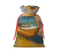 Boat Beach Sunrise Time Nautical Printed Christmas Drawstring Gift Bags-Xmas Wrapping Bags,Candy Bag,For Holiday Party Decorations,Wedding Party Supplies M Red Christmas Ribbon