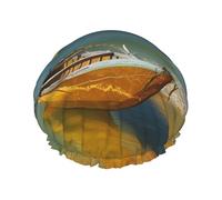 Boat Beach Sunrise Time Nautical Printed Double Layer Lined Shower Cap,Shower Caps For Women Reusable