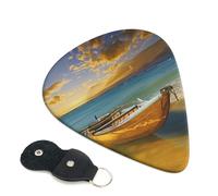 Boat Beach Sunrise Time Nautical Printed Guitar Picks, 6 Pack with Leather Keychain Pick Holder - 0.46mm, 0.71mm, 0.96mm Assorted Thickness for Acoustic Ukulele, Electric Guitar