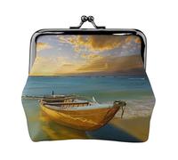 Boat Beach Sunrise Time Nautical Printed Kiss-lock Coin Purse Wallet - Leather Mini Change Pouch Holder for Men Women