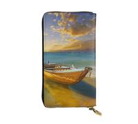 Boat Beach Sunrise Time Nautical Printed Leather Wallet with 12 Card Holder and 110 Money Clip, Long Clutch for Men Women