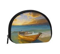 Boat Beach Sunrise Time Nautical Printed Mini Coin Pouch, Shell Shape Zip Around Wallet, Small Zipper Pouch for Cash, Cards, Keys, Lipstick, Storage Pouch, Travel Organizer