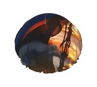 Boat Beach Sunrise Time Nautical Reusable Shower Cap,Double Layer Water Shower Non Wetting Hair Cap,Large Size For All Hair Lengths