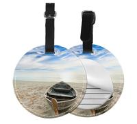 Boat Beach Sunrise Time Print Luggage Tag Round Leather Luggage Tag Easy Identification & Privacy Protection for Suitcases Easy to Identify Privacy Cover Id Label