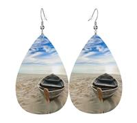Boat Beach Sunrise Time Printed Teardrop Pendant Leather Earrings | Lightweight and Versatile Earrings | Suitable for Daily Commute and Date Wear