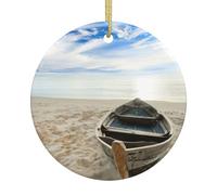 Boat Beach Sunrise Time Printing Christmas Tree Ceramic Hanging Ornament,Festive Baubles Adornment For Pathway Garden Patio