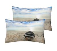 Boat Beach Sunrise Time Printing Imitation Linen Pillow Cases Set Of 2 With Zipper Closure Breathable And Cooling,12x20 Inches