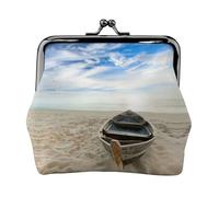 Boat Beach Sunrise Time Women's Leather Kiss-Lock Coin Purse,Double-Sided Full Print Pattern,Ultra-Fine Fiber Leather,Small Clutch Wallet for Cash,Cards,Coins