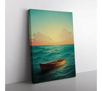 Boat Behind The Sun Teal, Green, Gold Canvas Wall Art Print Ready to Hang, Framed Picture for Living Room Bedroom Home Office Décor, 76x50 cm (30x20 Inch)
