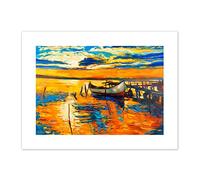 Boat By The Dock At Sunset Art Print Canvas Premium Wall Decor Poster