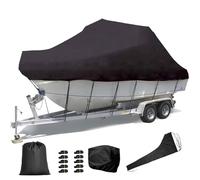 Boat covers 420D with Engine Cover and Mainsail Boom Cover Marine Grade Canvas for V-Hull Tri-Hull Boats Fish Ski Boats Black 17~19FT~V