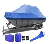 Boat covers Trailerable 420D Marine Grade Outboard Cover with Engine Cover and Mainsail Boom Cover for Bass Boat Runabout Blue 17~19FT~V