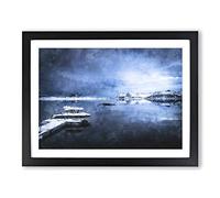 Boat Docked In Lofoten Norway Painting Modern Art Framed Print | A3 Black Framed Wall Art | Ready to Hang | Modern Vehicle Picture | Living Room Bedroom Lounge Office