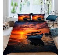 Boat Duvet Cover Set Super king Sunset Ocean 3D Printed Reversible Bedding Set 2 Pillowcases and Zipper Closure soft Microfiber lightweight Comforter Cover for Girls Boys 9yf99