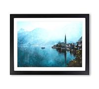 Boat In Hallstatt Austria Painting Modern Art Framed Wall Art Print, Ready to Hang Picture for Living Room Bedroom Home Office Décor, Black A2 (64 x 46 cm)