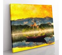Boat in Lake Bled in Slovenia Painting Modern Canvas Wall Art Print Ready to Hang, Framed Picture for Living Room Bedroom Home Office Décor, 50x50 cm (20x20 Inch)