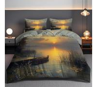 Boat Lake Sunset Duvet Cover Set Soft Microfiber Small Double Comforter Cover Natural Scenery Quilt Bedding Set with Hidden Zipper Closure And Comforter Cover Pillowcase