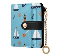 Boat Lighthouse Blue Pattern Small Women Wallet Bifold PU Leather RFID Blocking Compact Card Holder with Zipper Coin Pocket Purse for Girls Women Ladies
