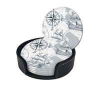 Boat Map Print Chic Round Leather Coasters â€“ Set Of 6 Full-Print Coasters In A Premium Pu Leather Storage Box