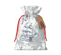 boat Map print Christmas bag, drawstring sack, with kraft paper label, lightweight and fashionable