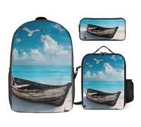 Boat on Beach Seagulls 3 Pieces Set Laptop Backpack Casual Daypack with Lunch Box Pencil Case for Travel