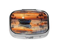 Boat on The Beach at Sunset Print Pill Box Square Pill Case 2 Compartment Small Metal Medicine Organizer Portable Travel Pillbox for Pocket Purse Cute Mini Pill Container to Hold Daily Vitamins