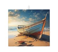 Boat On The Beach Print Absorbent Dish Drying Mat Kitchen Counter Foldable Reusable Coffee Bar Utensil Pad