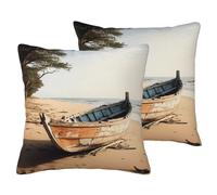 Boat on the Beach Print Decorative Pillow Covers 2 Pack, Imitation Linen Fabric Pillow Case, with Invisible Zipper Closure