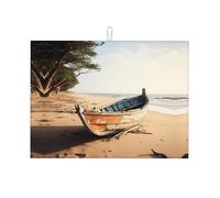 Boat On The Beach Print Dish Drying Mat for Kitchen, Microfiber Dish Draining Pad, Absorbent Countertop Protector