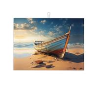 Boat On The Beach Print Dish Drying Mat for Kitchen, Microfiber Dish Draining Pad, Absorbent Countertop Protector
