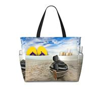 Boat On The Beach Print Large Waterproof Beach Tote Bag for Women with Zip and Pockets Foldable Handbag for Travel Pool Shopping Holiday Gym