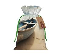 Boat on the Beach Printed Christmas Drawstring Bags Reusable Xmas Bag for Party Xmas Gift Wrapping, Green Ribbon, M