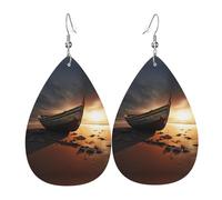 Boat on the Beach Printed Dangle Leather Earrings, Reversible Statement Jewelry with Silver Plated Hooks
