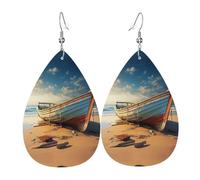 Boat on the Beach Printed Dangle Leather Earrings, Reversible Statement Jewelry with Silver Plated Hooks