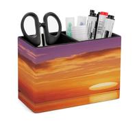 Boat Returning Under Coconut Trees PU Leather Square Pens Pencils Holder,Multifunctional Remote Control Eyeglass Holder Pencil Case Office Accessories Container Box for Desk Double Compartments