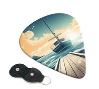 Boat Seascape Theme Guitar Picks 6 Pcs, 0.71mm Thickness Celluloid Plectrum with Leather Picks Holder, Personalized Guitar Pick for Bass Electric Acoustic Guitars Lovers Gift