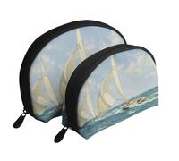 Boat Ship Landscape Portable Shell Cosmetic Bag Set - Travel Makeup Organiser with Zipper & Inner Compartments