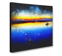Boat Under The Sunset Vol.2 Paint Splash Modern Canvas Wall Art Print Ready to Hang, Framed Picture for Living Room Bedroom Home Office Décor, 14x14 Inch (35x35 cm)