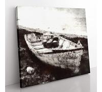 Boat Upon The Beach Vol.1 Painting Modern Canvas Wall Art Print Ready to Hang, Framed Picture for Living Room Bedroom Home Office Décor, 35x35 cm (14x14 Inch)