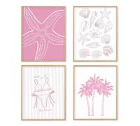 Boat Wades Coastal Beach Unframed Wall Art Prints,Coastal Shell Posters & Prints For Room Home Decor,Pink Seashell Trendy Wall Decor For Lake House Dorm Bedroom Decorations 8x10 Set Of 4