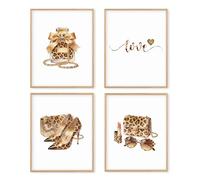Boat Wades Coquette Leopard Bathroom Wall Art Prints Set of 4, Gold Cheetah Print Perfume Heels Bag Posters Pictures Wall Decor for Girls Vanity Dressing Powder Room Bathroom, 8x10 Unframed