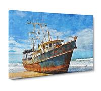 Boat Wreck On The Beach Canvas Print | Gallery Wrapped 30mm Frame Wall Art | 30x20 inches | Ready to Hang | Coastal Seascape Picture | Living Room Bedroom Lounge Office