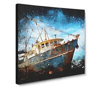 Boat Wreck On The Beach Paint Splash Canvas Print | Gallery Wrapped 30mm Frame Wall Art | 20x20 inches | Ready to Hang | Modern Seascape Picture | Living Room Bedroom Lounge Office